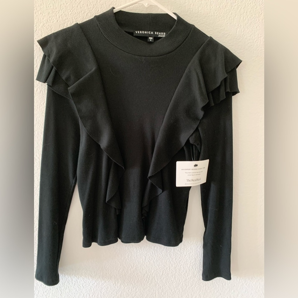 Veronica Beard Black Long Sleeve Ruffle Knit Top